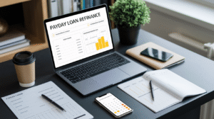 A desk with a laptop displaying a "Payday Loan Refinance" chart, a smartphone with a calendar app, printed charts and graphs, payday loan tools like refinance calculators, a coffee cup, a pen, a plant, and a closed notebook.