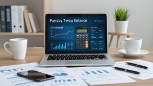 A laptop on a desk displays a payday loan refinance dashboard with charts and refinance calculators. Papers with graphs, a phone, and two cups are on the desk in a bright office setting.