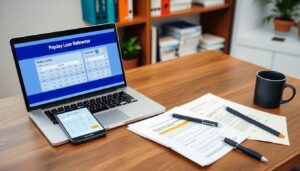 A laptop on a wooden desk displays a payday loan refactor tool. Nearby are papers, pens, a smartphone showing Payday Loan Tools, and a black coffee mug. Books and a plant are visible on shelves in the background.