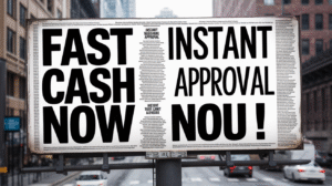 A large billboard on a city street displays bold black text with payday loan slogans like “FAST CASH NOW” and “INSTANT APPROVAL NOW!” surrounded by blocks of small, unreadable fine print.