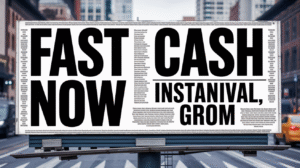 A large billboard in a city displays payday loan slogans like "FAST CASH NOW" and "INSTANIVAL, GROM" in bold black letters, with smaller, unreadable text filling the background. Buildings and cars are visible behind the sign.