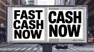 A large city billboard displays true messages and payday loan slogans like “FAST CASH NOW” and “CASH NOW” in bold black letters on a white background, with small text blocks and "INSTANT APPROVAL" notices on a busy street.