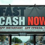A large roadside billboard in a city displays the payday loan slogan “FAST CASH NOW” in bold, with smaller text below about instant app loans. Tall buildings and cars are visible on both sides of the street in the background.