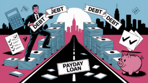 A man in a suit rips “Debt” papers while standing on stacks of documents along a road marked “Payday Loan,” symbolizing the journey to financial freedom. A piggy bank, calculator, checklists, and city skyline fill the background.