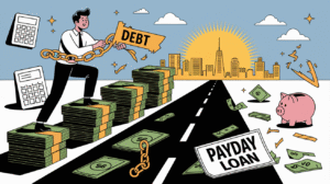 An illustrated man with broken chains steps onto stacks of cash labeled "DEBT" on a road toward a city skyline, symbolizing financial freedom. Money, calculators, a sign reading "PAYDAY LOAN," and a piggy bank surround the scene.
