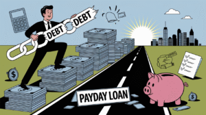 A person in a suit breaks free from chains labeled “DEBT” while standing on stacks of cash. Ahead, a road marked “PAYDAY LOAN” leads to a piggy bank and sunrise, symbolizing the journey toward financial freedom amidst city life and financial icons.