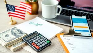A desk with a calculator, a stack of hundred-dollar bills, a notepad labeled "Budget," a small US flag, a coffee cup, a laptop, and a smartphone displaying a finance app next to a clipboard labeled "Payday Loans.