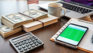 A calculator, stacks of U.S. dollar bills, a cup of coffee, a clipboard with paper, a smartphone displaying a payroll screen, and a laptop are arranged on a wooden desk for US budget planning. An American flag is also visible.
