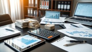 Office desk with financial charts, a calculator, cash, a tablet, a laptop, and documents—perfect for those seeking advanced strategies to manage finances and maximize benefits. Workspace includes shelves and binders in the background.