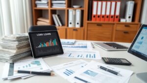 An office desk with financial documents, a calculator, a laptop, a large stack of cash, and a tablet displaying a bar chart labeled "Loan Loans," perfect for exploring advanced strategies to maximize benefits. Shelves with binders and folders are in the background.