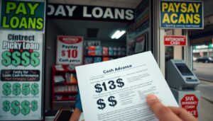 A hand holds a cash advance document in front of a US storefront advertising payday loans, with signs displaying phrases like "PAY LOANS," "PAYSAY CASH," and "Payday $10 Cash pares," highlighting the high interest rates often associated with these loans.