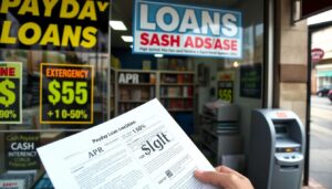 A person holds a payday loan information sheet outside a US storefront featuring signs for Payday Loans, emergency cash offers, and an ATM machine by the entrance, highlighting the high interest rates often associated with such loans.