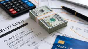 A stack of 100-dollar bills sits on top of loan documents, alongside a calculator, pen, credit card, and various financial papers spread out on a desk—highlighting concerns about US credit scores and payday loans.