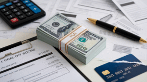 A stack of hundred-dollar bills, a pen, credit card, and calculator are placed on a desk covered with documents, including a US Credit Scores report on a clipboard.