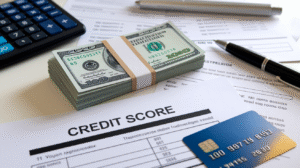 A stack of $100 bills, a blue credit card, a credit score report highlighting US credit scores, a calculator, and a pen are arranged on a table with financial paperwork.