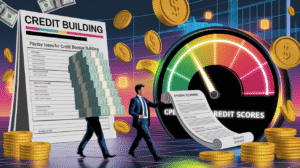 Illustration of two businesspeople carrying stacks of money and a loan contract, with coins, an essential guide to credit building, and a large credit score gauge marked "Credit Scores" in a digital, neon-lit environment.