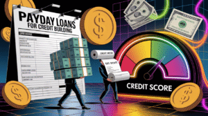 Illustration showing a payday loan agreement, a person carrying stacks of money, another holding a credit report by a credit score gauge, with dollar bills and coins—an essential guide focused on credit building.