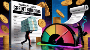 A person carries a large stack of cash in front of an essential credit building guide on payday loans, while another holds a credit score report. Gold coins and a speedometer-style gauge displaying credit score are also present.