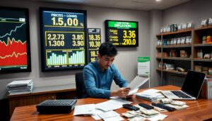 A man sits at a desk with financial documents, cash, a calculator, and a laptop. Behind him, digital displays show inflation statistics, loan rates, prices, and a line graph. Shelves with food items are on the right.