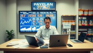 A man sits at a desk covered with papers and electronic devices, working with two laptops. Behind him, a large screen displays financial data and numbers related to inflation, while shelves with products line the wall.