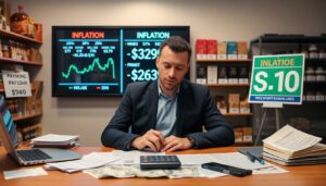 A man in a suit sits at a desk with documents, a calculator, and cash. Behind him are inflation charts, product shelves, and a "$10" sign, highlighting financial analysis and the impact of inflation on financial stability in an office or store.