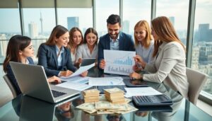 A group of seven business professionals sit around a table with documents, charts, money, and a calculator, discussing smart strategies for managing investment capital in an office with large windows overlooking a cityscape.