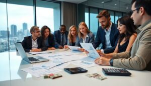 A group of business professionals sits around a conference table reviewing charts, graphs, and financial documents, discussing smart strategies for managing investment capital, with a laptop, calculator, and cash visible in a modern office overlooking a cityscape.