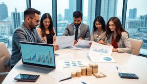 Five people in business attire sit around a conference table with charts, graphs, and stacks of coins, discussing smart strategies for managing investment capital in a modern office with large windows and a city view.