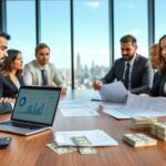 A group of business professionals sit around a conference table with financial documents, a laptop displaying charts, a calculator, and stacks of investment capital, with large windows showing a city skyline in the background.