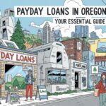 A street scene in Oregon features a payday loan shop, various buildings, pedestrians walking, and a sign reading "Payday Loans: Your Essential Guide" against a backdrop of hills and the vibrant Oregon cityscape.