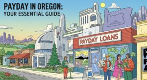Illustration of a city street in Oregon featuring a payday loans store, people handling cash, and Portland signs. Title text reads "Payday in Oregon: Your Essential Guide." Buildings and trees form the background.