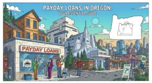 A cityscape with a "Payday Loans" storefront in the foreground, people talking outside, a sign reading "Oregon," and a map outline of Oregon. Buildings and trees fill the background, along with a Portland guide sign.