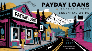 Illustration of an Oregon payday loans storefront on a small-town street, with people holding papers, colorful houses, pine trees, and a snow-capped mountain. Large text highlights an essential payday loans guide for residents.