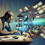 A man sits at a desk with his hand on his face, looking stressed while using a laptop. Holiday ornaments and gifts are in the background, and dollar bills are flying out from the computer screen—highlighting Christmas money stress and smart strategies like payday loans.