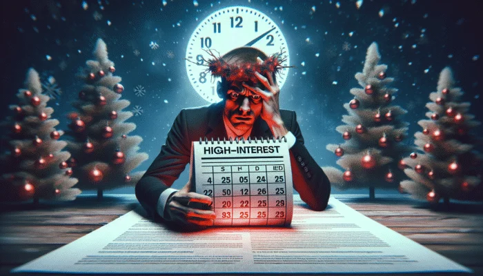Person in holiday setting, stressed with high-interest loan document, calendar marked for next payday.