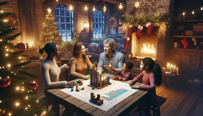 A family budgeting at a kitchen table with Christmas decorations and financial charts, near a warm fireplace.