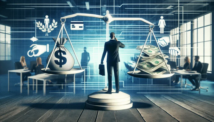 A person in an office comparing a payday loan to alternatives like personal loans, credit cards, and borrowing from friends.