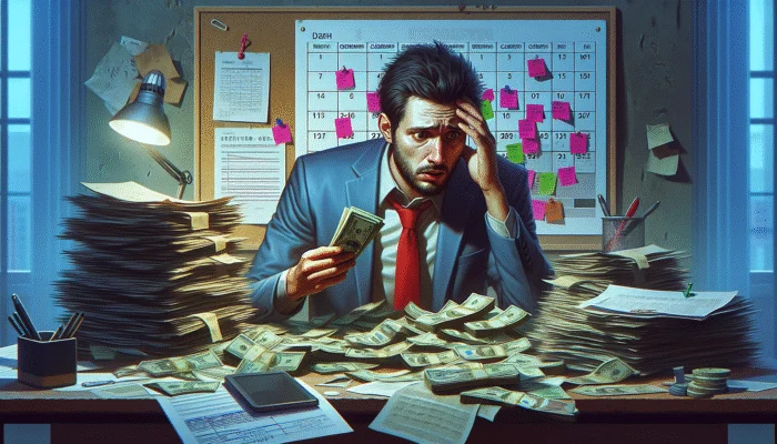 A person counting money at a desk, looking worried, surrounded by bills and a calendar with urgent dates.