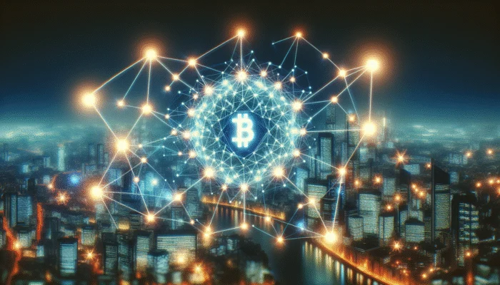 A futuristic cityscape with glowing blockchain nodes connected to a central 'Payday Loans' hub.