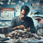 A man counts money at a desk covered with coins and bills. Dollar bills float in the air. A calendar, a clock, a calculator, and a shark appear nearby, highlighting payday loan challenges and urgent consumer pain points.