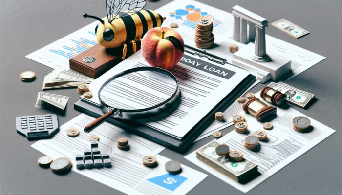 A legal document with Georgia symbols, magnifying glass on fine print, and a gavel, focusing on payday loan regulations.