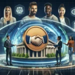 A digital illustration of professionals, including students, around a glowing handshake symbol and a government building, with city buildings in the background and icons for law, money, and communication—highlighting smart options as payday loan alternatives.