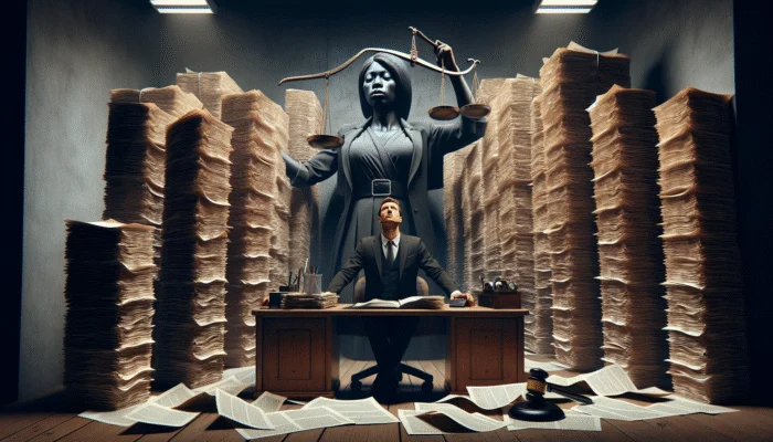 A person overwhelmed by payday loan documents at a cluttered desk, seeking expert financial advice.
