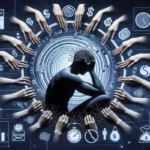 A digital illustration shows a person sitting with head in hand, surrounded by reaching hands, currency symbols, and financial icons, with charts and graphs in the background, highlighting the need for stress management amid financial stress or economic complexity.