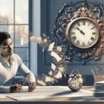 A person writes at a desk filled with papers, while loose pages float upward. Behind them, a large ornate clock and a smaller one mark the time—perhaps for a payday loan cooling-off period—as sunlight streams in, illuminating the room.