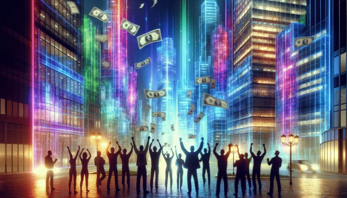 A neon-lit cityscape at night with a "Payday Loan Success" sign, people celebrating with cash.