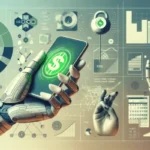 A robotic hand holds a smartphone displaying a dollar sign, surrounded by digital financial charts and graphs. Another robotic hand is visible, highlighting the essential differences between technology-driven finance tools and traditional payday loans.