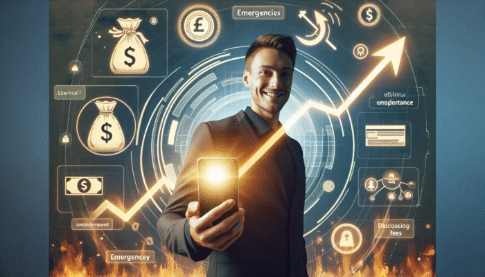 Person smiling with smartphone showing cash advance app, emergency symbols, and graph of decreasing fees.