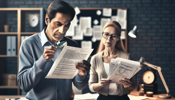 A borrower meticulously reviews loan documents with a magnifying glass, receiving guidance from a financial counselor in a cozy office.
