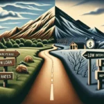 A road splits a landscape into two halves; one side is green with signs like “Installment Loans” and “Key Differences,” while the barren side displays “Payday Loans,” “Low Interest,” and “Repayment Rites.”.